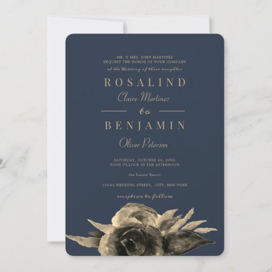 ラグジュアリーユニークネイビーブルーゴールデン結婚フローラ 招待状 (正面)