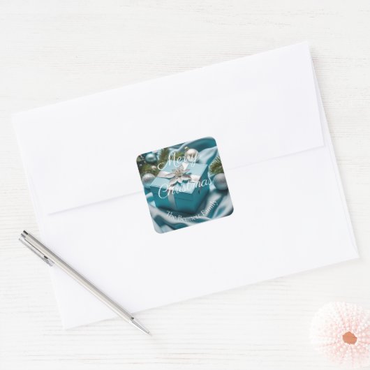 ラグジュアリーライトアイスブルー&シルバークリスマスプレゼント スクエアシール (封筒)