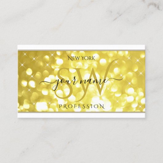 ラグジュアリーライトゴールデングリッタースターズイニシャルホワイト 名刺 (正面)