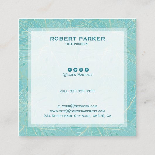 ラグジュアリーライトブルーとホワイトパーム葉のパターン スクエア名刺 (裏面)
