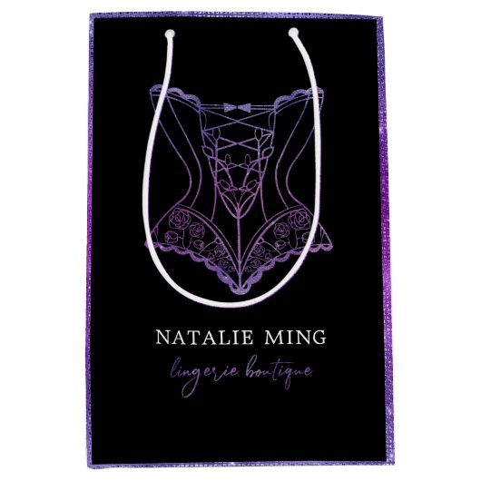 ラグジュアリーランジェリーブティックロゴパープルグリッターメディウ ミディアムペーパーバッグ (正面)