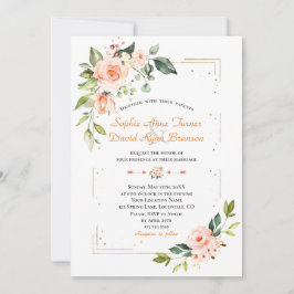 ラグジュアリーリビングコーラルフローラ金ゴールド結婚グリッター 招待状