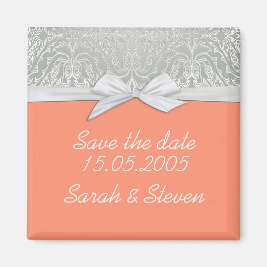 ラグジュアリーリボンシルバー/コーラルダマスク日付を保存 マグネット (正面)