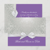 ラグジュアリーリボンシルバー/パープルダマスク救デートカード 案内ポストカード (正面/裏面)