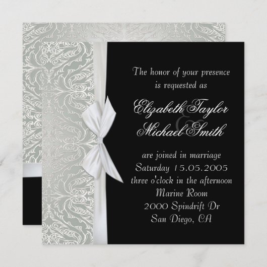 ラグジュアリーリボンシルバー/ブラックダマスクウェディング招待状 招待状 (正面/裏面)
