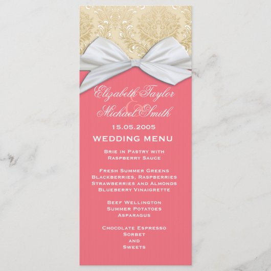 ラグジュアリーリボンピンク金ゴールドダマスク結婚式メニュー メニュー (正面)