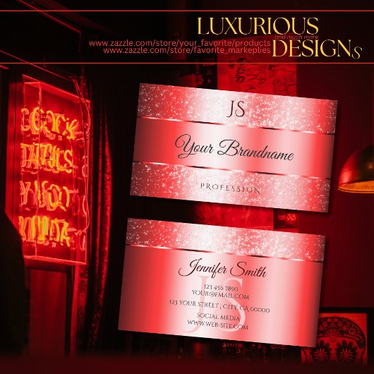 ラグジュアリールビーレッドスパークルグリッターアンドモノグラムノーブル 名刺
