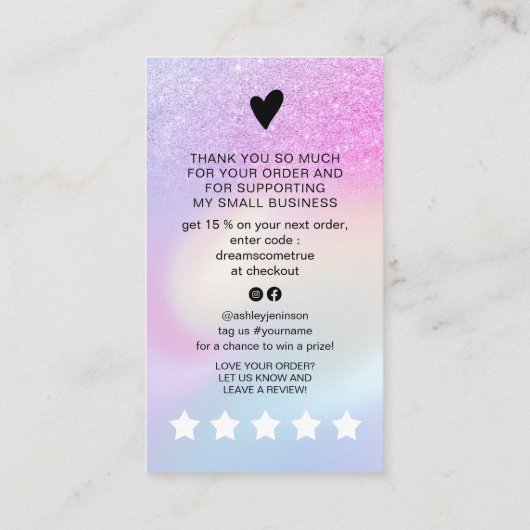 ラグジュアリーレインボーグリッターグラデーションホログラフィックサンキュー 名刺 (裏面)