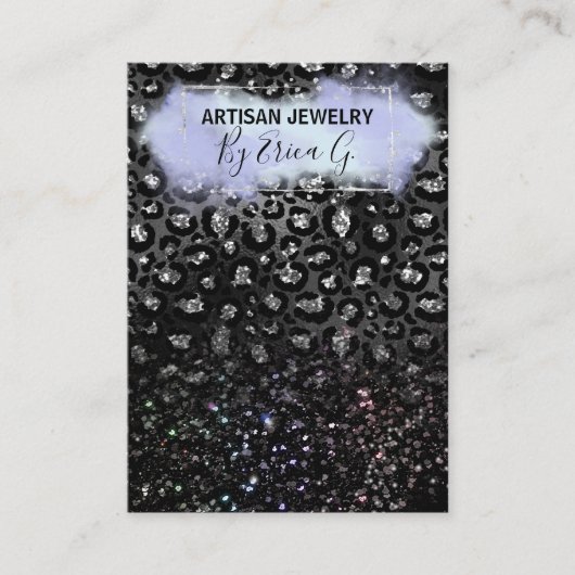 ラグジュアリーレオパードグリッターシルバーイヤリングカード 名刺 (正面)