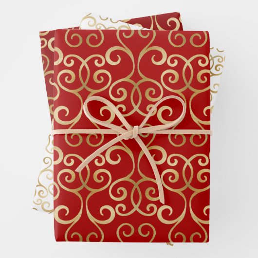 ラグジュアリーレッドと金ゴールドクリスマスダマスクパーソナライズされた ラッピングペーパーシート (インサイチュ)