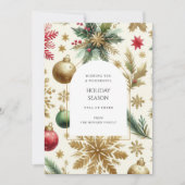 ラグジュアリーレッドグリーン金ゴールドスノーフレークホリデーカード (正面)