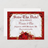 ラグジュアリーレッド金ゴールドフローラバラ結婚式日付を保存 案内ポストカード (正面/裏面)