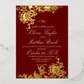 ラグジュアリーレッド&金ゴールドガーデンフローラエレガントウェディング 箔招待状 (正面)