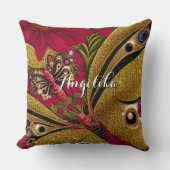 ラグジュアリーレッド&金ゴールドバタフライ名前をカスタムする クッション (正面)