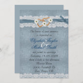 ラグジュアリーレースブルーリボンハートウェディング招待 招待状 (正面/裏面)