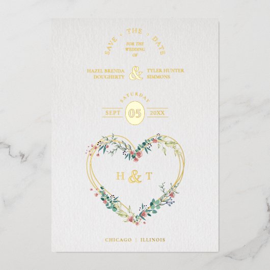 ラグジュアリーロマンティックボタニカルフローラピンクシェードハート 箔招待状 (正面)