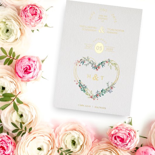 ラグジュアリーロマンティックボタニカルフローラピンクシェードハート 箔招待状