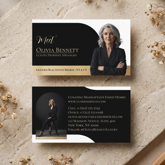 ラグジュアリー不動産アーチフレーム写真ブラックゴールド 名刺