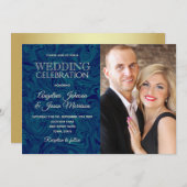 ラグジュアリー大理石金ゴールドネイビーブルーフォトウェディング招待状 招待状 (正面/裏面)