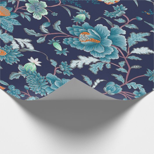 ラグジュアリー日本のブルー牡丹と鳥ロマンチック ラッピングペーパー (角)