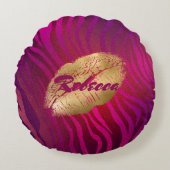 ラグジュアリー明るい赤紫色ストライプ動物リップスティックプリント ラウンドクッション (正面)