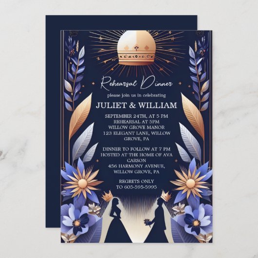 ラグジュアリー明るい赤紫色王室のクラウンブルーリハーサルディナー 招待状 (正面/裏面)