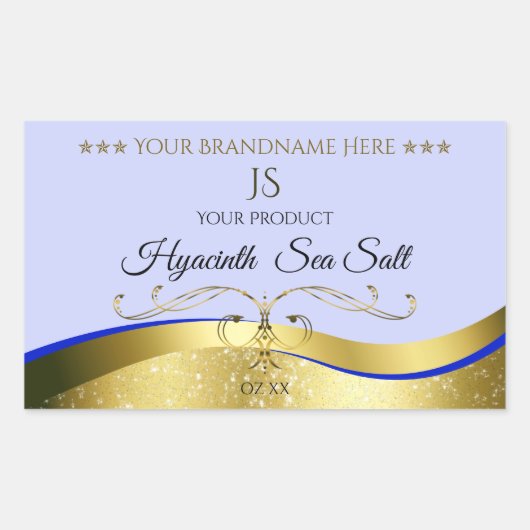 ラグジュアリー波状金ゴールドライトブルーモノグラム製品ラベル 長方形シール (正面)
