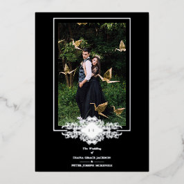 ラグジュアリー洗練ブラックフローリッシュシックシルバー 箔招待状