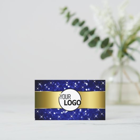 ラグジュアリー王室のブルーグリッタースターズ金ゴールドとロゴ 名刺 (スタンド正面)