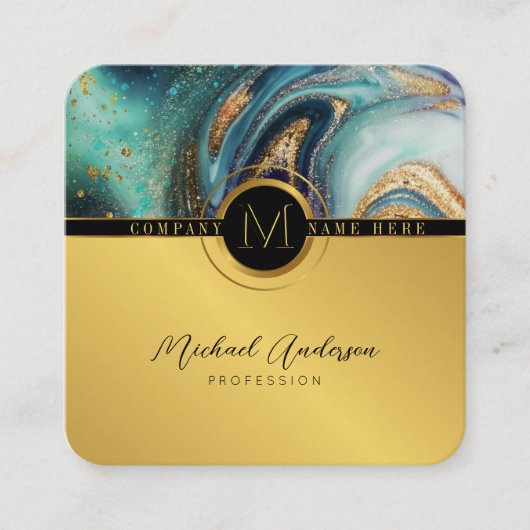 ラグジュアリー王室の金ゴールドラウンド抽象芸術&アゲートモノグラム スクエア名刺 (正面)