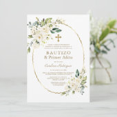ラグジュアリー白スペインの花1歳の誕生日バプテスマ 招待状 (スタンド正面)