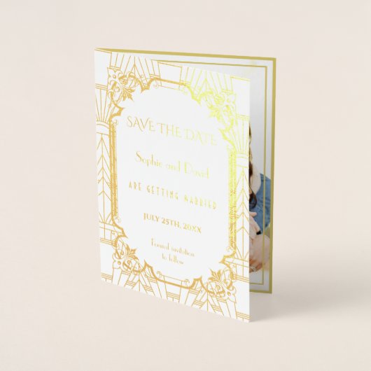 ラグジュアリー素晴らしギャツビーアールデコウェディングザデイトを保存 箔カード (正面)