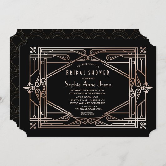 ラグジュアリー素晴らし金ゴールドギャツビーアールデコブライダルシャワー 招待状 (正面/裏面)