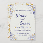 ラグジュアリー結婚ズネイビーブルー書簡黄金 招待状 (正面/裏面)