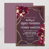 ラグジュアリー結婚ズブルガンディオーキッド開花ゴールデンフレーム 招待状 (正面/裏面)