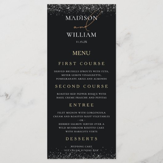 ラグジュアリー結婚ズメニューブラックデザインとグリッター メニュー (正面)