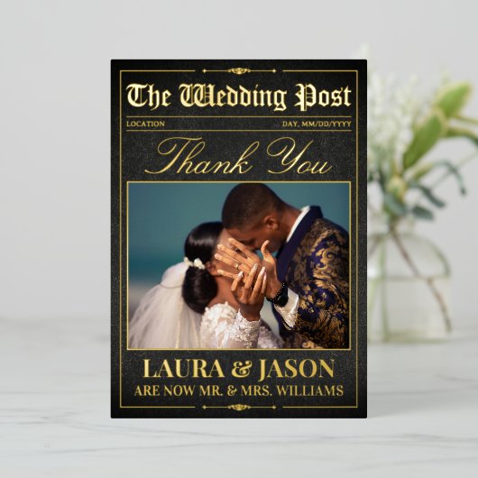 ラグジュアリー結婚ズ新聞サンキューカード金箔 箔招待状 (立ち正面)