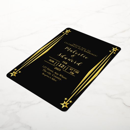 ラグジュアリー結婚式招待状ゴールドフォイルカードダーク 箔招待状 (回転した状態)