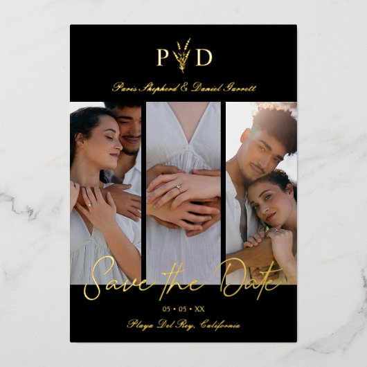 ラグジュアリー結婚3の写真コラージュシンプルブランチ 箔招待状 (正面)