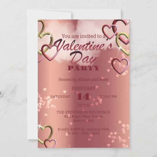ラグジュアリー絡み合いハートバレンタインデーパーティー 招待状 (正面)
