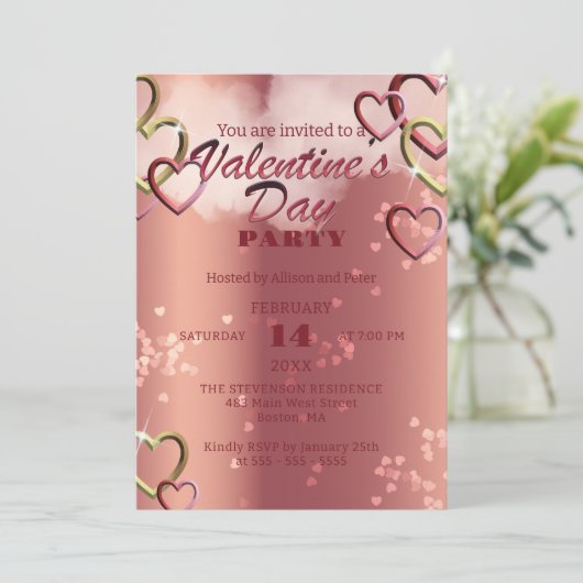 ラグジュアリー絡み合いハートバレンタインデーパーティー 招待状 (スタンド正面)
