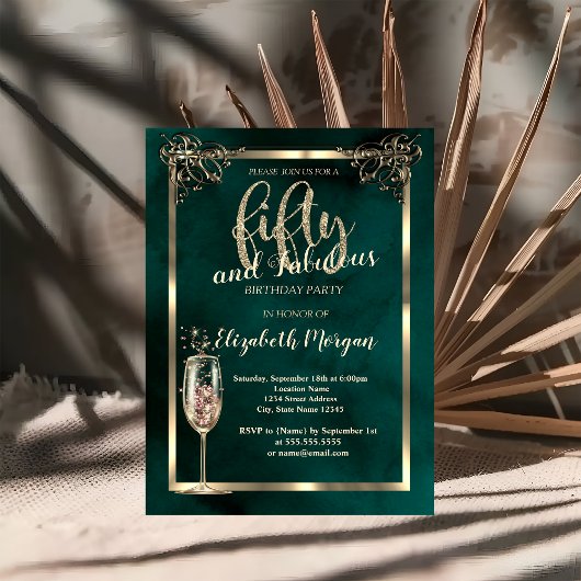 ラグジュアリー縁どシャンパングラスグリーン50誕生日 招待状