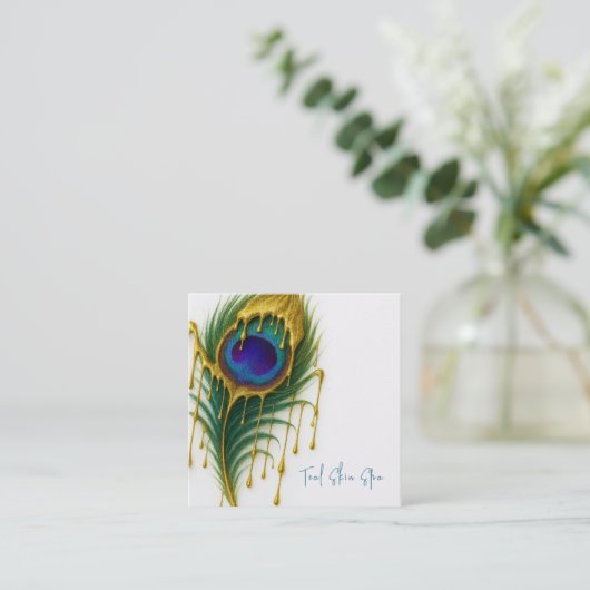 ラグジュアリー美しい金ゴールドドリップグラムピーコックフェザー スクエア名刺 (スタンド正面)