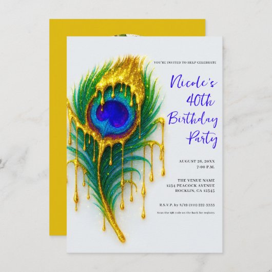 ラグジュアリー美しい金ゴールドドリップピーコックフェザー誕生日 招待状 (正面/裏面)