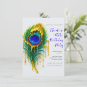 ラグジュアリー美しい金ゴールドドリップピーコックフェザー誕生日 招待状 (スタンド正面)