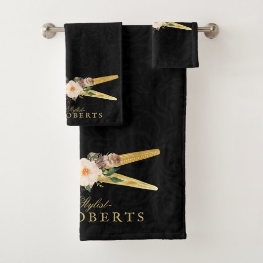 ラグジュアリー美容師金ゴールドシザーズブラックダマスク バスタオルセット (インサイチュ)
