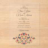 ラグジュアリー芸術的ボタニカルフローラ結婚ペイズリー アクリル招待状 (正面)