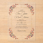 ラグジュアリー芸術的ボタニカルフローラ結婚ペイズリー アクリル招待状 (正面)