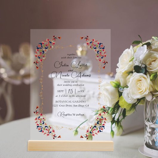 ラグジュアリー芸術的ボタニカルフローラ結婚ペイズリー アクリル招待状