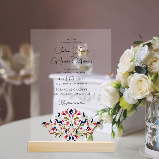ラグジュアリー芸術的ボタニカルフローラ結婚ペイズリー アクリル招待状